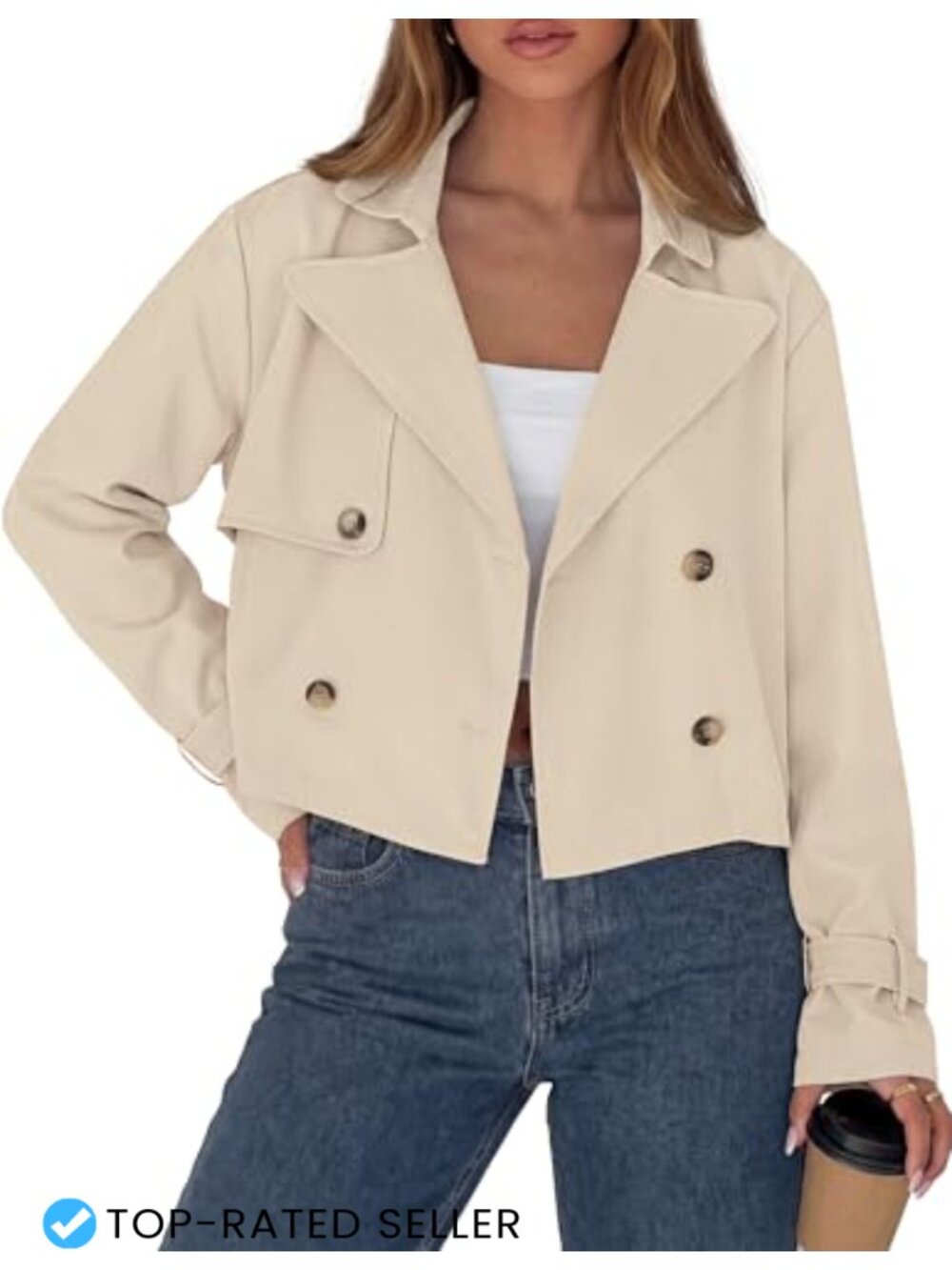 Cropped Trench Coat Women Double Breasted Short Pea Coat Lightweight